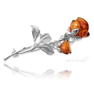 Zwei Rosen Rose Bernsteinbrosche Brosche mit Bernstein Nadel Silber  Amber 925