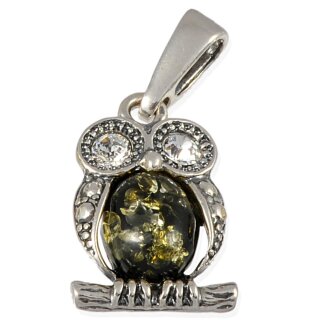 Anhänger Eule Bernstein Amber Silber 925 Grün  (A299)